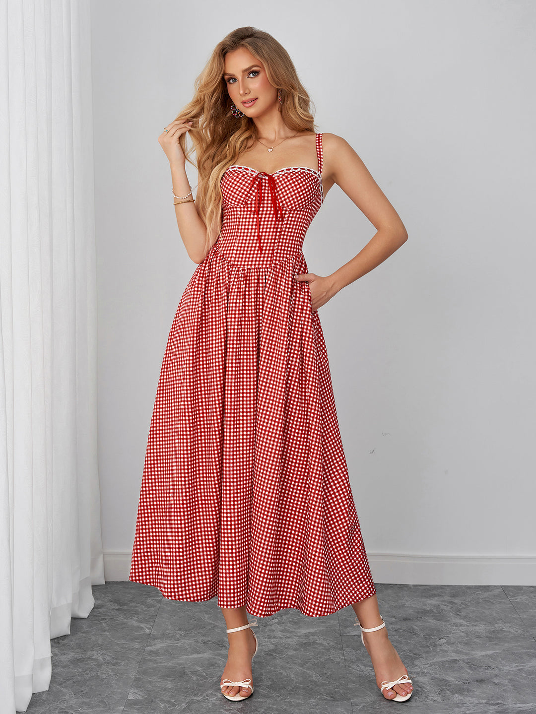 Pocket Bow Tie Front Backless Plaid Print Dress