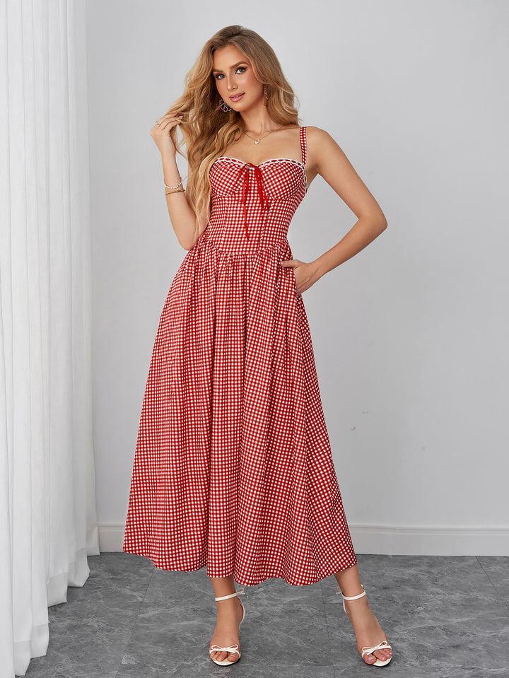 Pocket Bow Tie Front Backless Plaid Print Dress