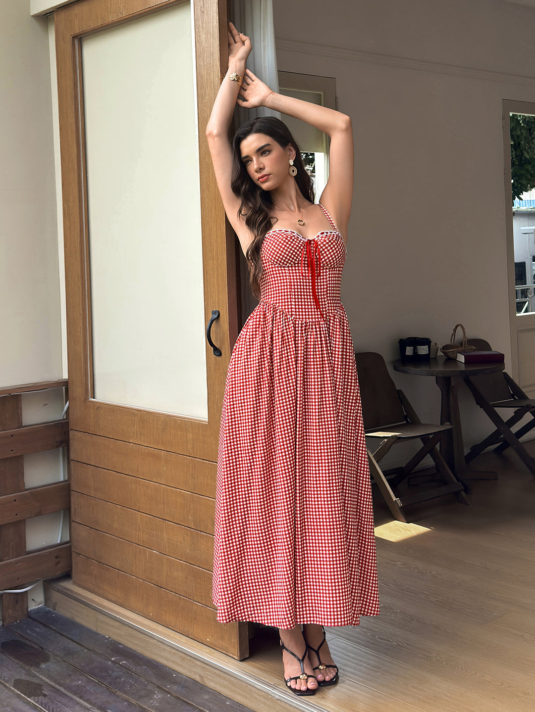 Pocket Bow Tie Front Backless Plaid Print Dress