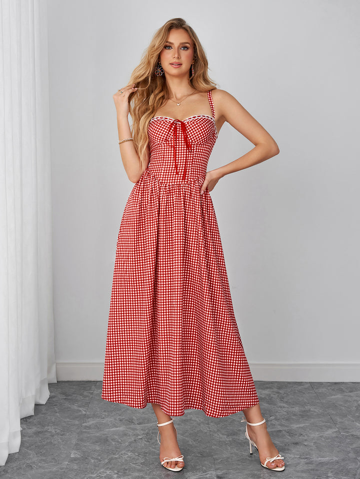 Bow Tie Front Backless Pocket Plaid Print Dress