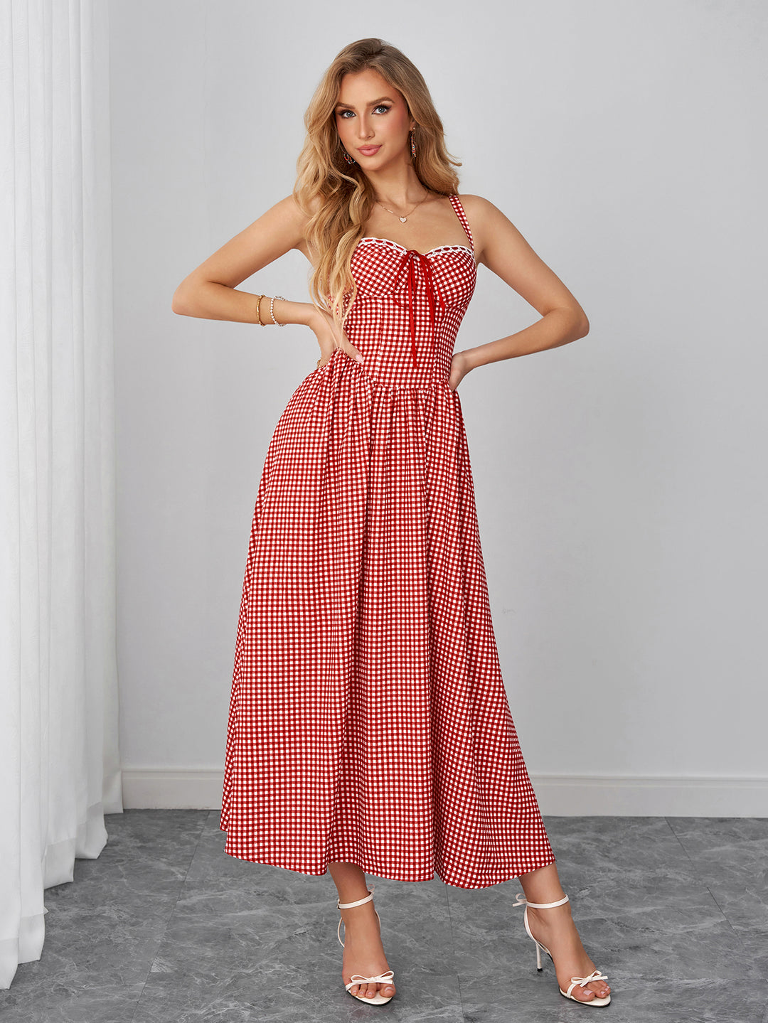 Backless Pocket Bow Tie Front Plaid Print Dress