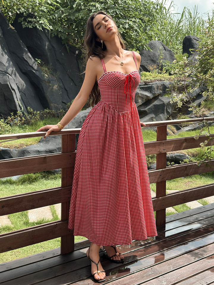 Backless Pocket Bow Tie Front Plaid Print Dress