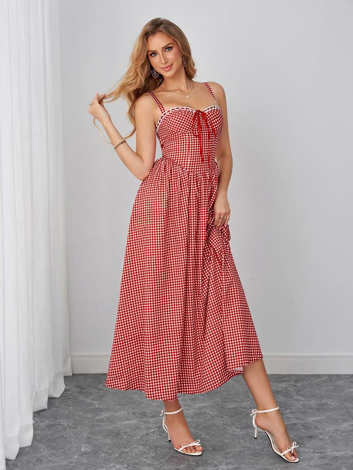 Backless Bow Tie Front Pocket Plaid Print Dress