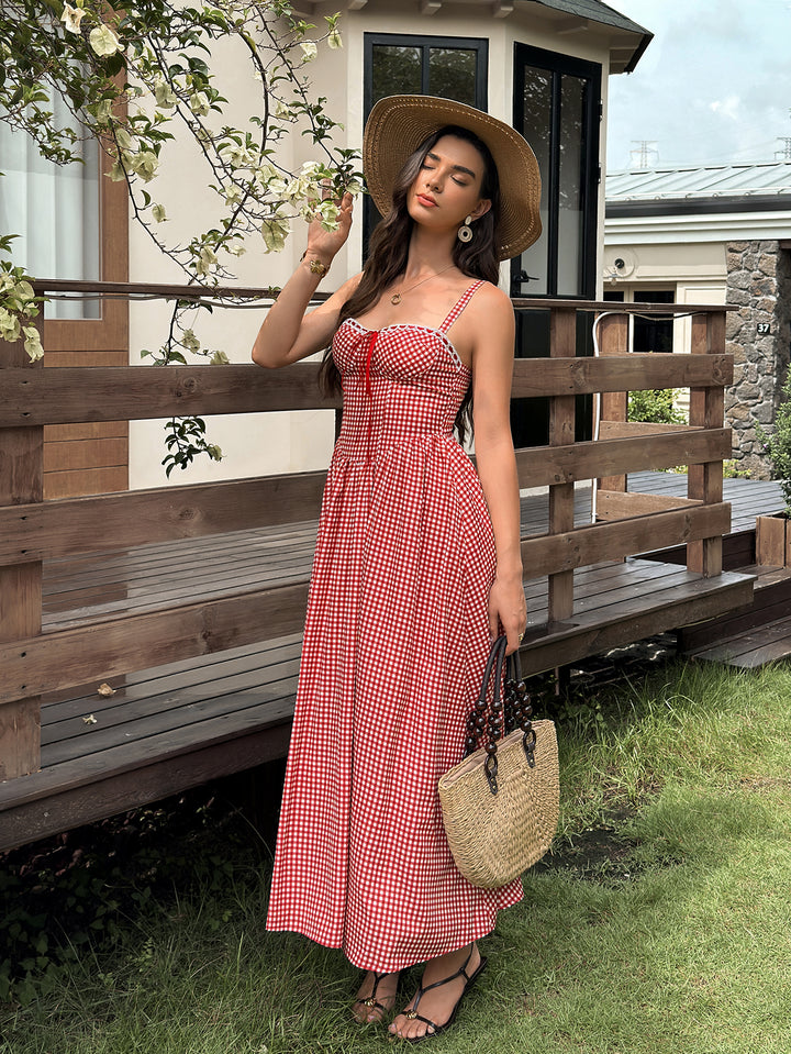 Backless Bow Tie Front Pocket Plaid Print Dress