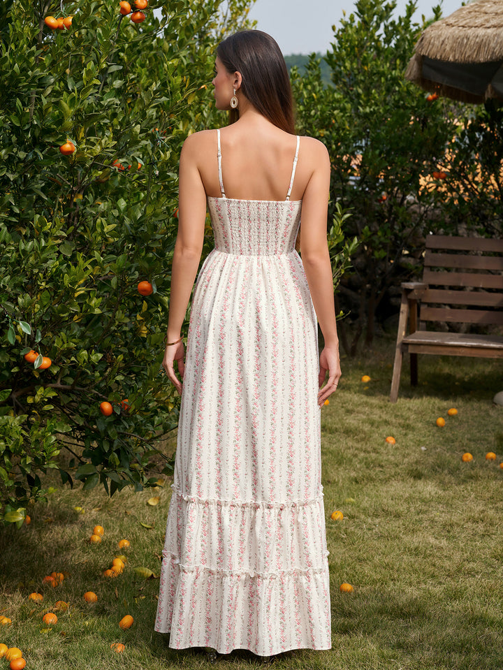 Bow Front Tie Flounce Trim Pocket Floral Print Dress#color_pink-stripes