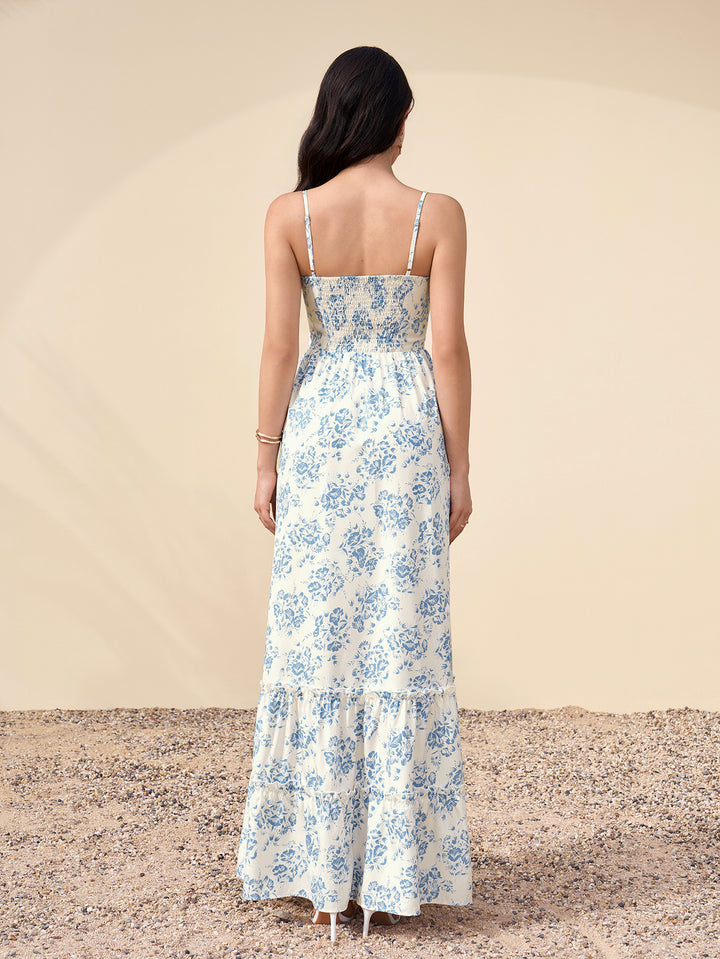 Flounce Trim Pocket Bow Tie Front Floral Print Dress