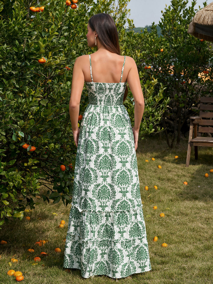 Bow Front Tie Flounce Trim Pocket Floral Print Dress#color_green-boho