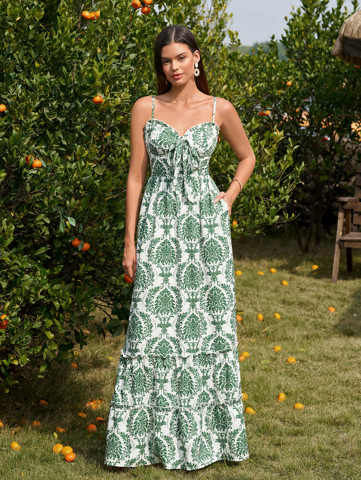 Front Bow Tie Flounce Trim Pocket Floral Print Dress#color_green-boho