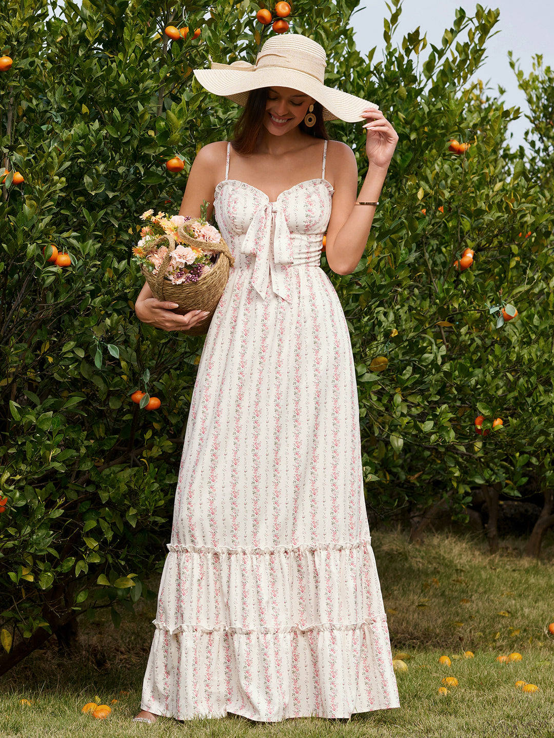 Tie Front Bow Flounce Trim Pocket Floral Print Dress#color_pink-stripes