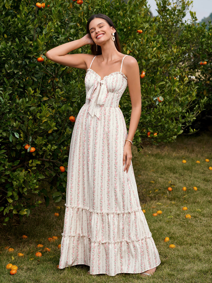 Tie Bow Front Flounce Trim Pocket Floral Print Dress#color_pink-stripes