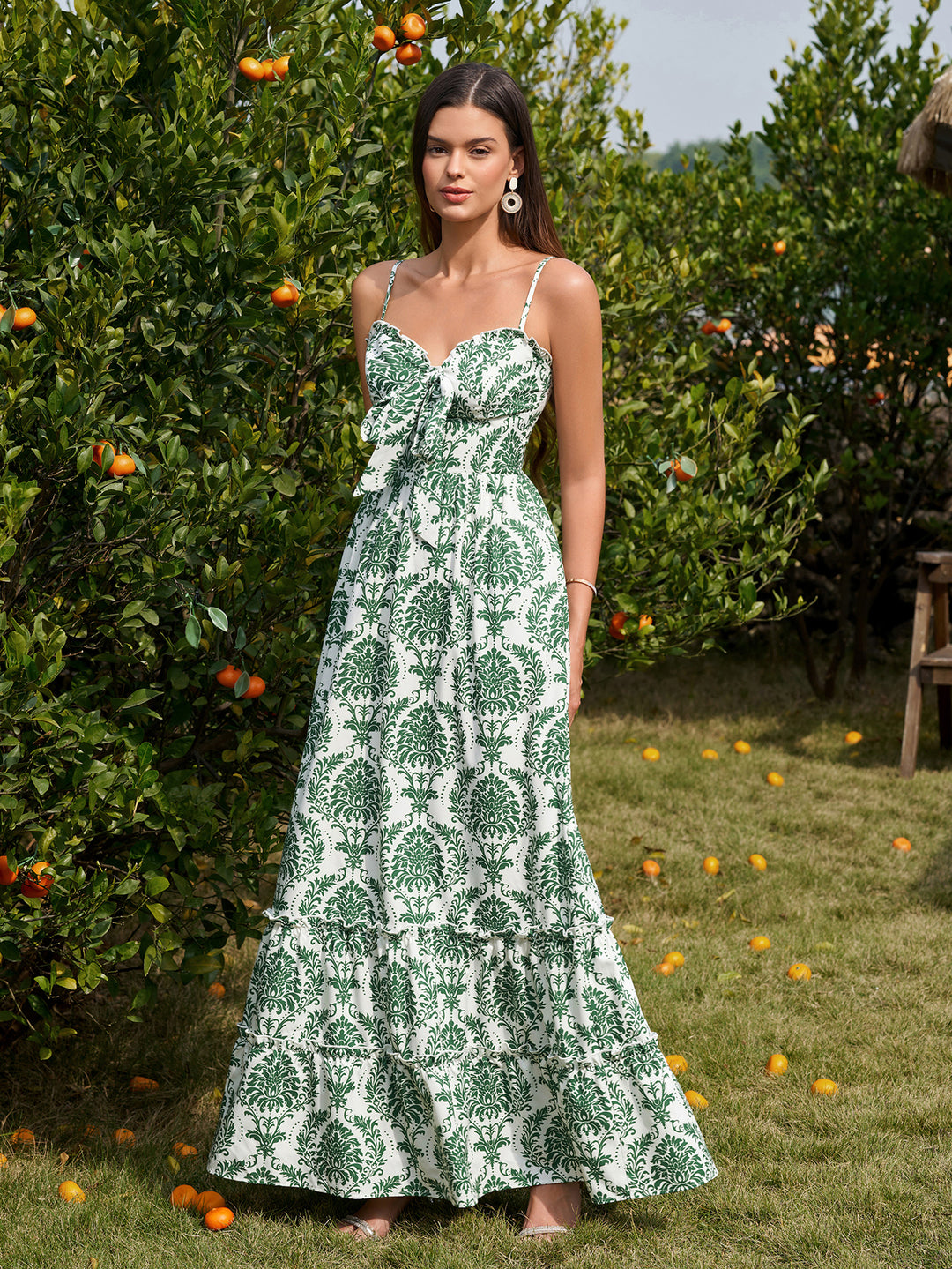 Tie Bow Front Flounce Trim Pocket Floral Print Dress#color_green-boho