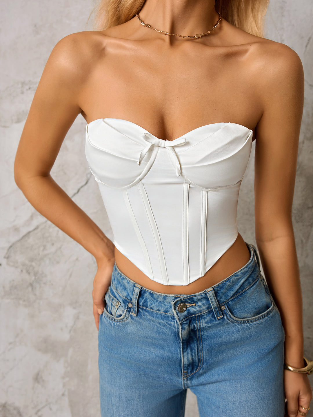 Asymmetrical Hem Bow Tie Front Zipper Back Tube Top#color_white