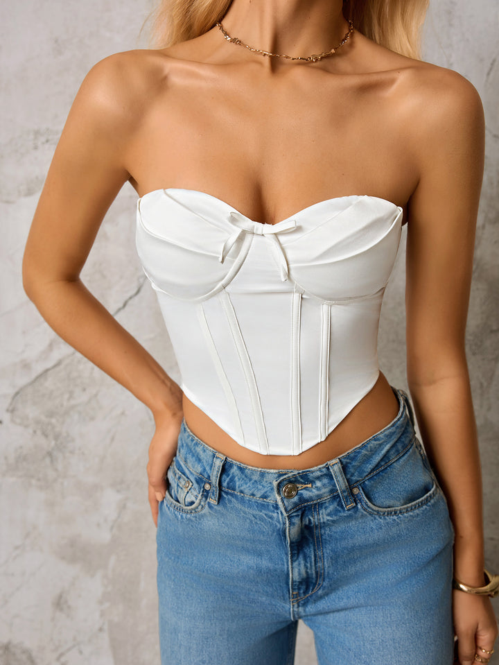 Asymmetrical Hem Bow Tie Front Zipper Back Tube Top#color_white