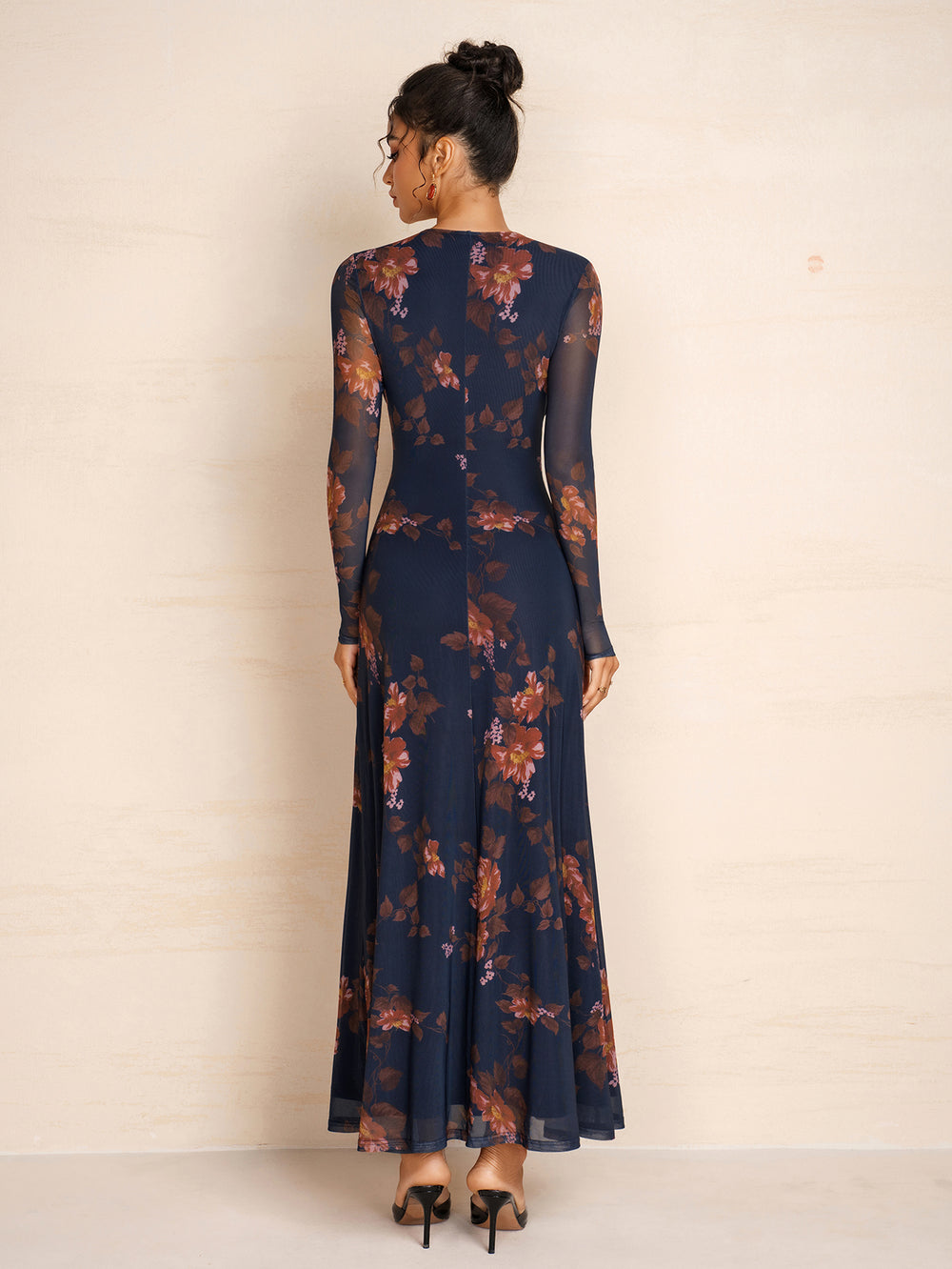Button Floral Print Cut Out Long Sleeve Dress#color_redfloral