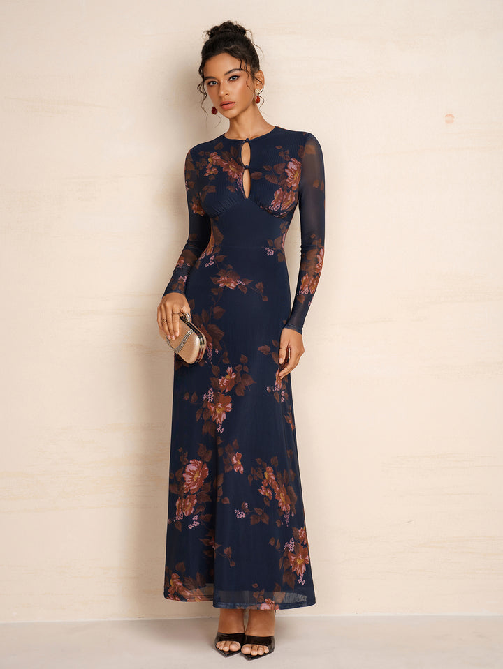 Floral Print Button Cut Out Long Sleeve Dress