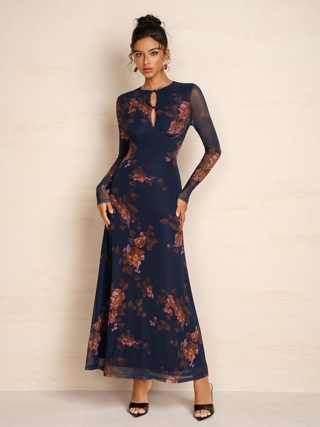 Button Cut Out Floral Print Long Sleeve Dress