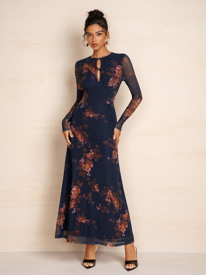 Button Cut Out Floral Print Long Sleeve Dress