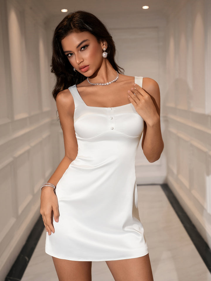 Button Zipper Bodycon Satin Dress#color_white