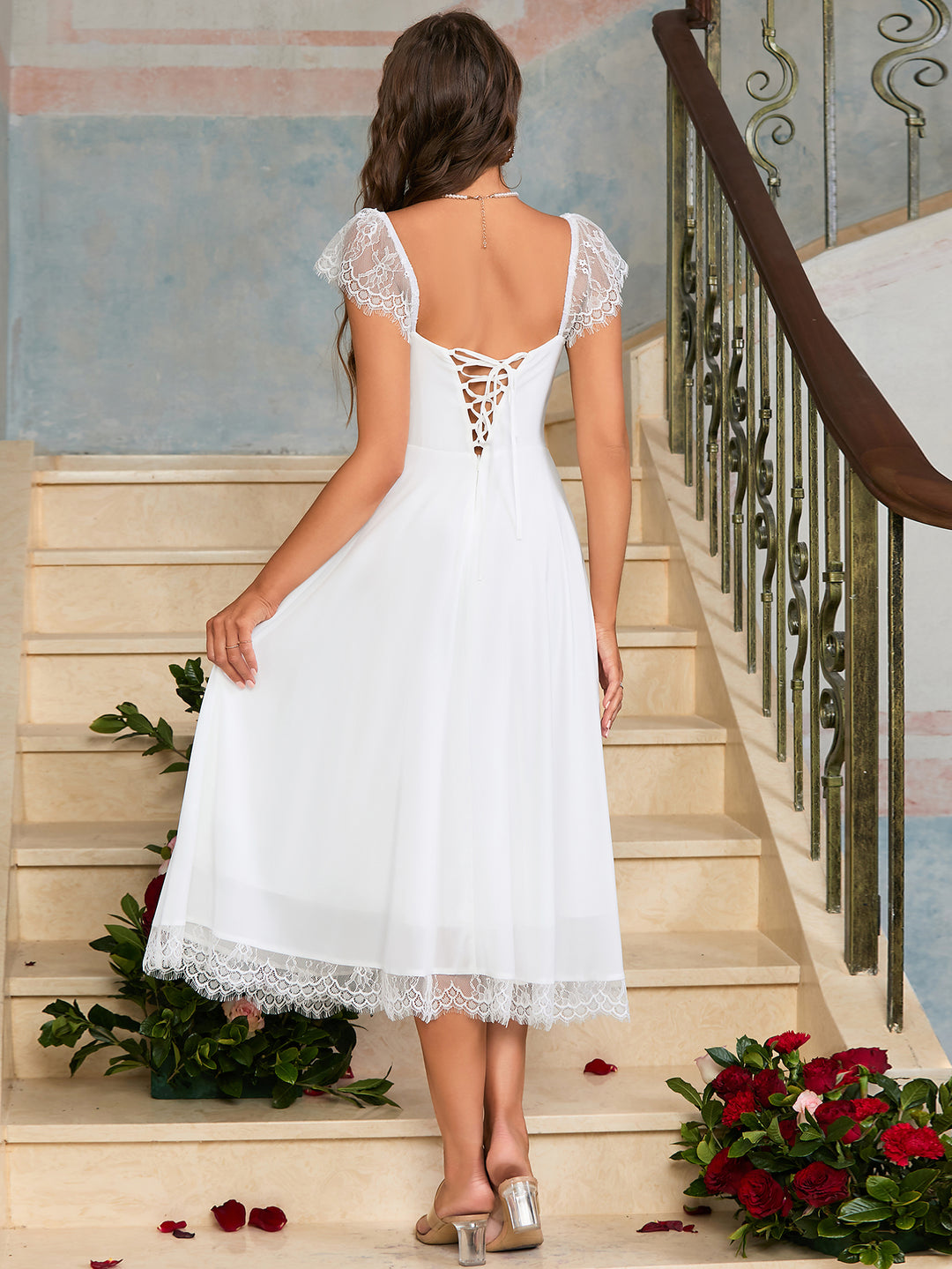 Contrast Lace Ruched Bust Square Neck Dress, White / XS