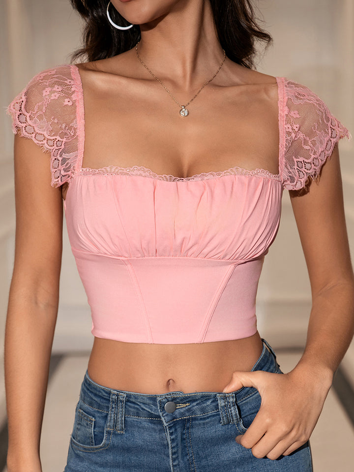 square neck ruched bust contrast lace crop top#color_pink