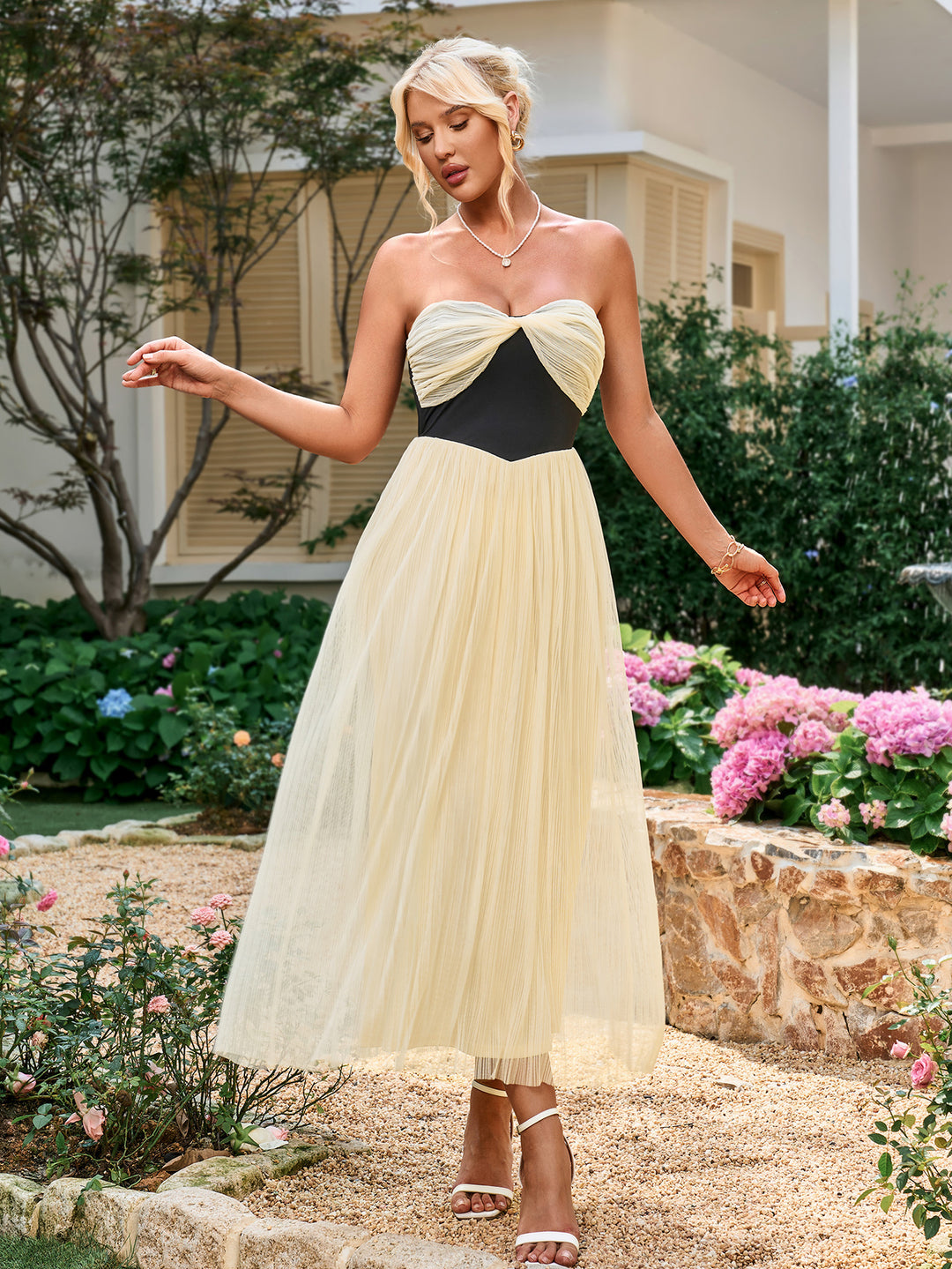 Contrast Ruched Bust Mesh Midi Tube Dress Parthea Fashion Contrast Ruched Bust Mesh Midi Tube Dress Parthea Fashion