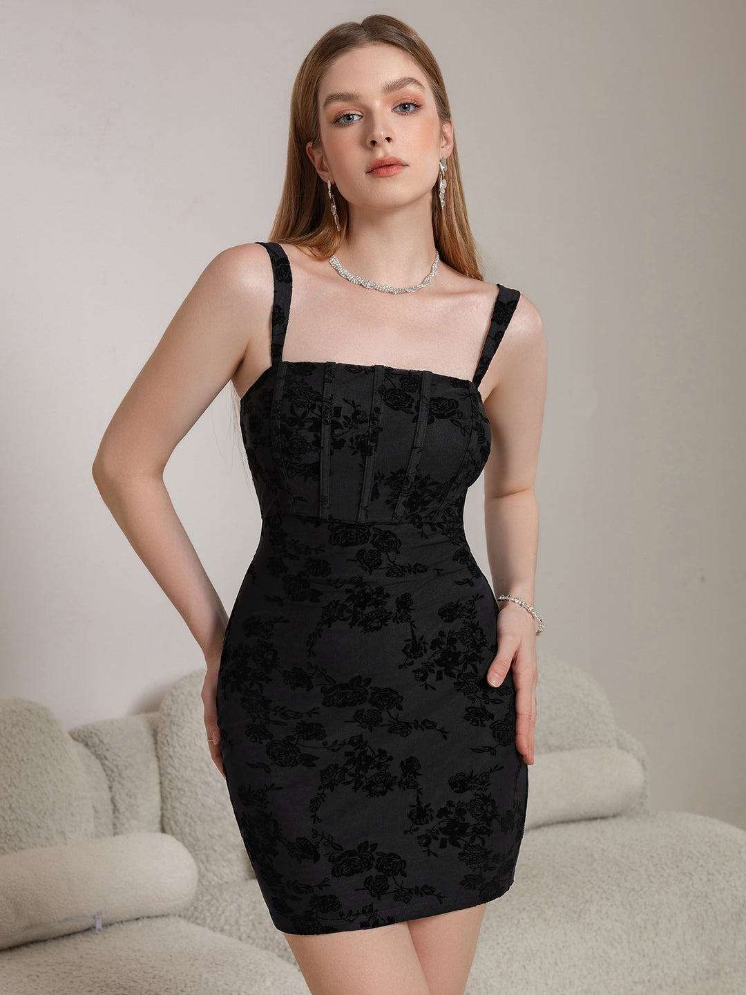 Corset Flocked Print Bodycon Cami Dress, Black / Xs Corset Flocked Print Bodycon Cami Dress, Black / Xs