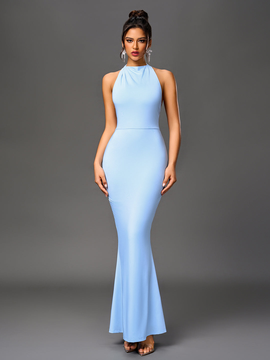 Cowl Neck Backless Mermaid Hem Bodycon Dress, Blue / XS Cowl Neck Backless Mermaid Hem Bodycon Dress, Blue / XS