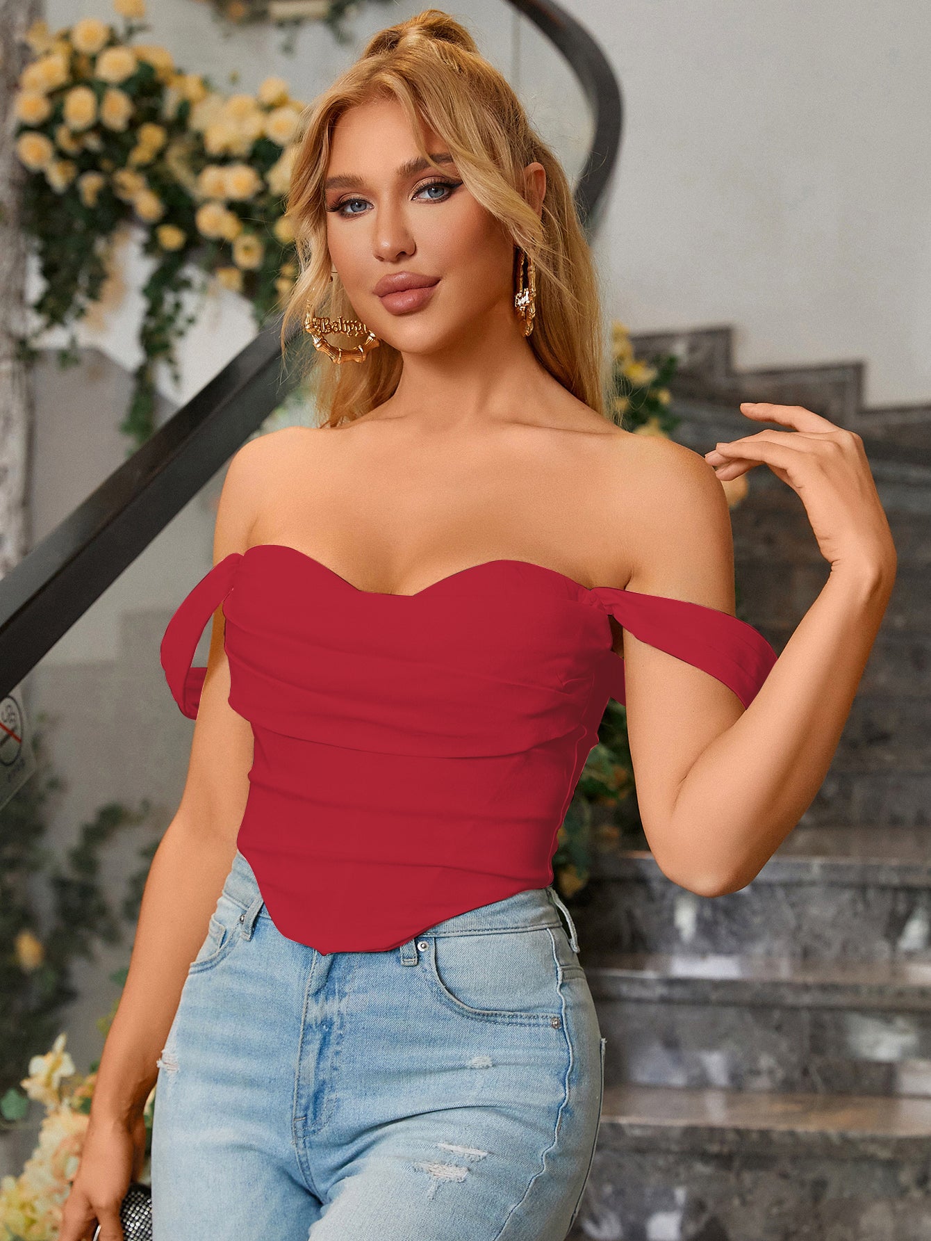 strap corset cowl neck red top#color_red