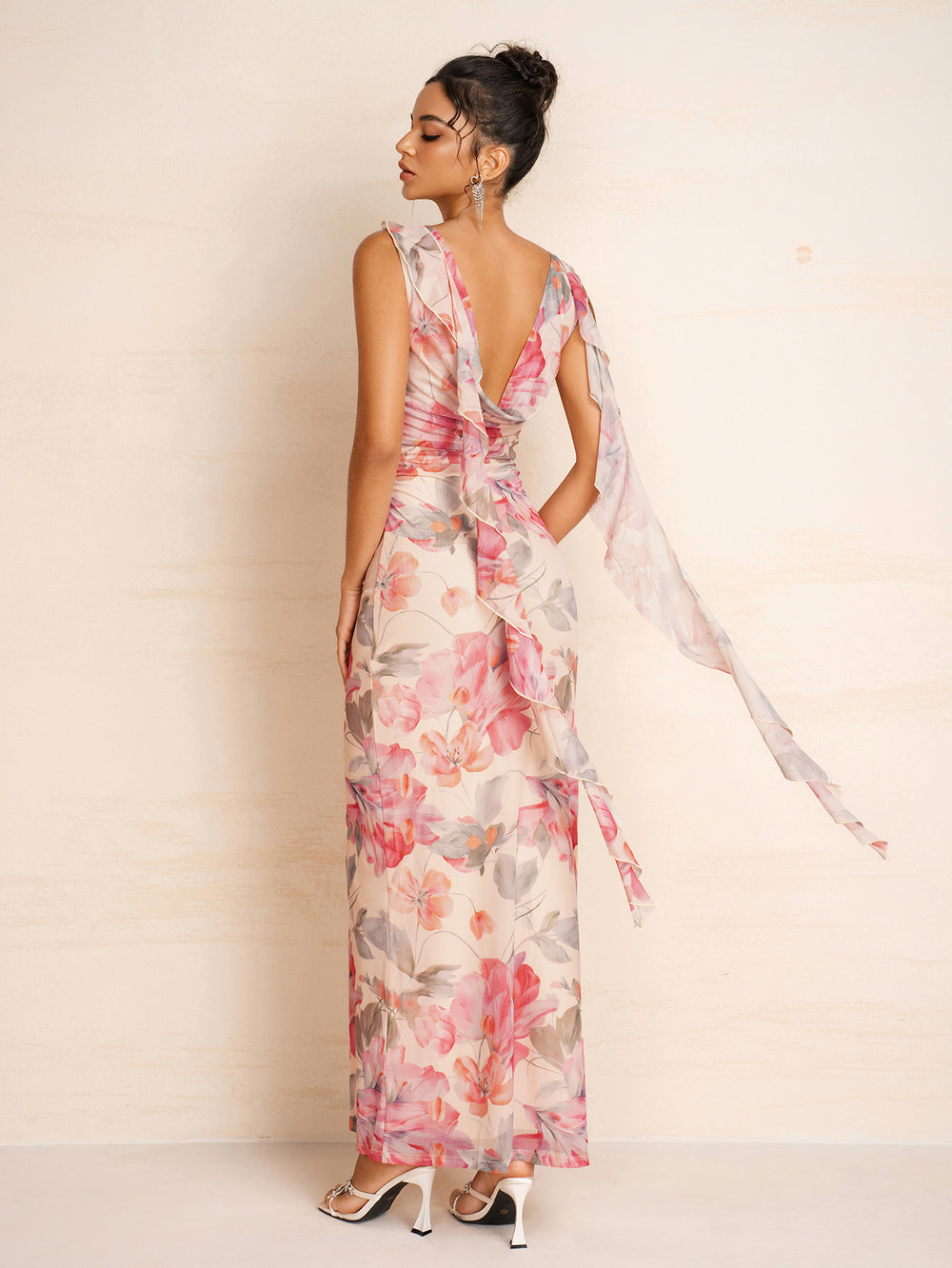 Crew Neck Ruched Ribbon Trim Floral Print Dress#color_pinkfloral