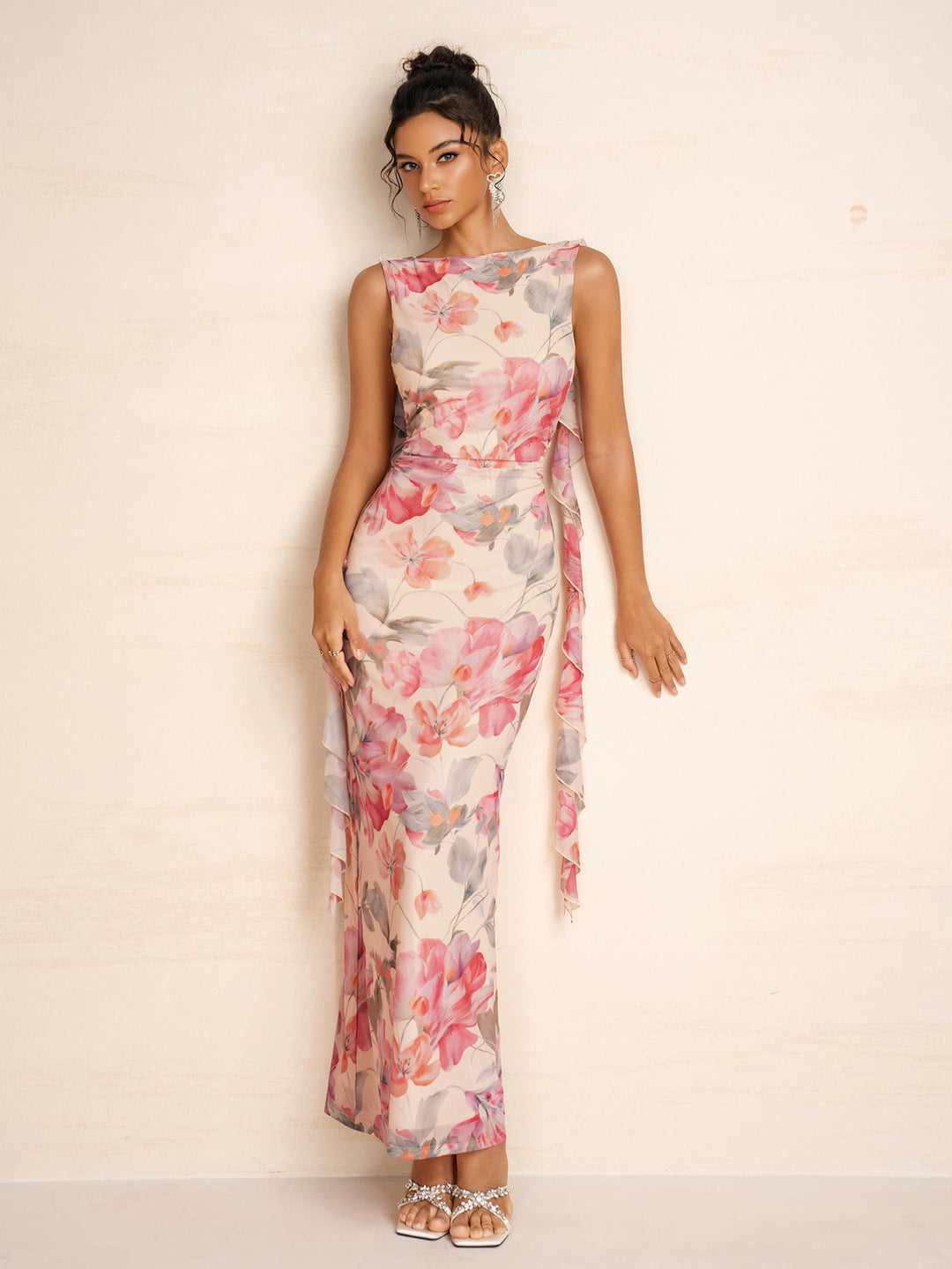 Ruched Ribbon Trim Crew Neck Floral Print Dress