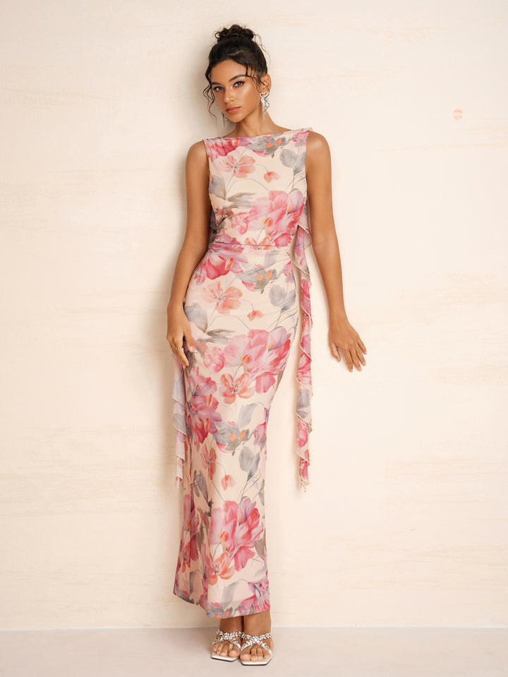 Ruched Ribbon Trim Crew Neck Floral Print Dress