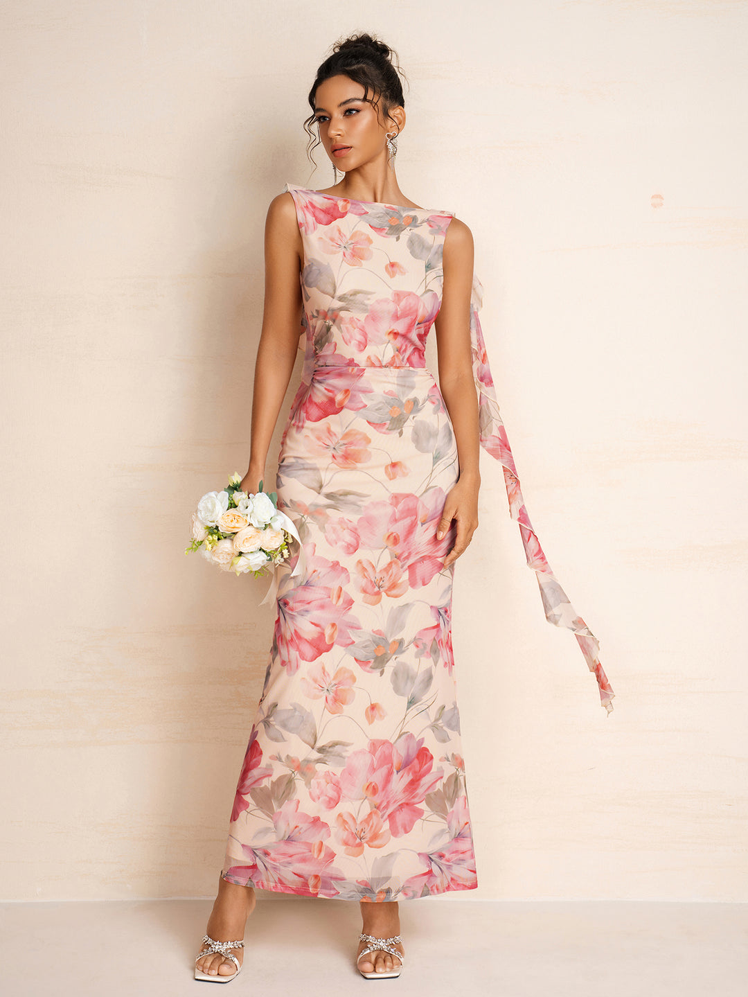 Ruched Crew Neck Ribbon Trim Floral Print Dress