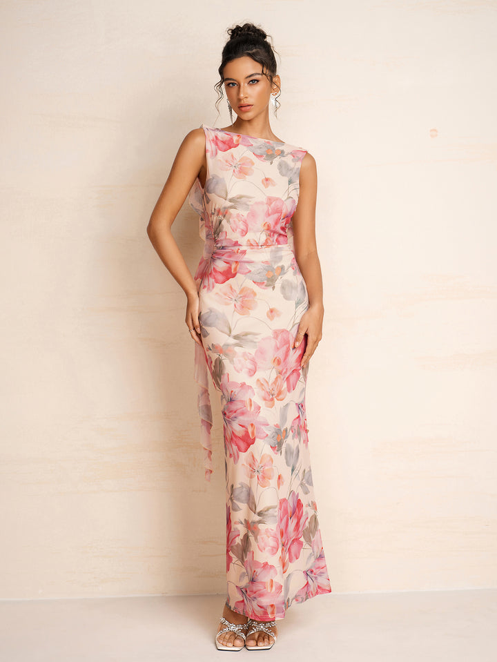 Crew Neck Ribbon Trim Ruched Floral Print Dress