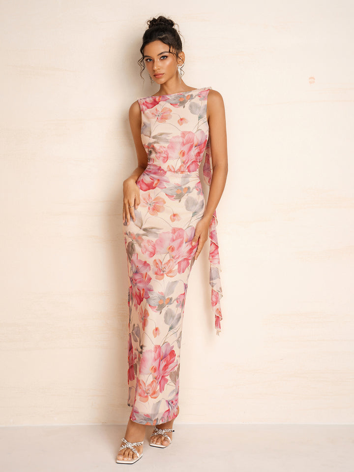 Ribbon Trim Crew Neck Ruched Floral Print Dress