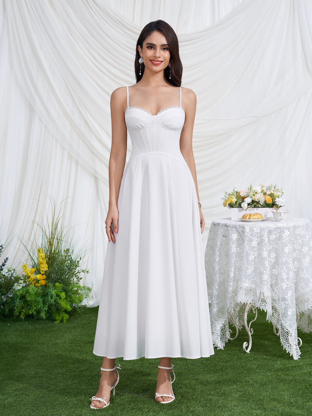 Crisscross Back Corset Lace Trim Cami Dress#color_white