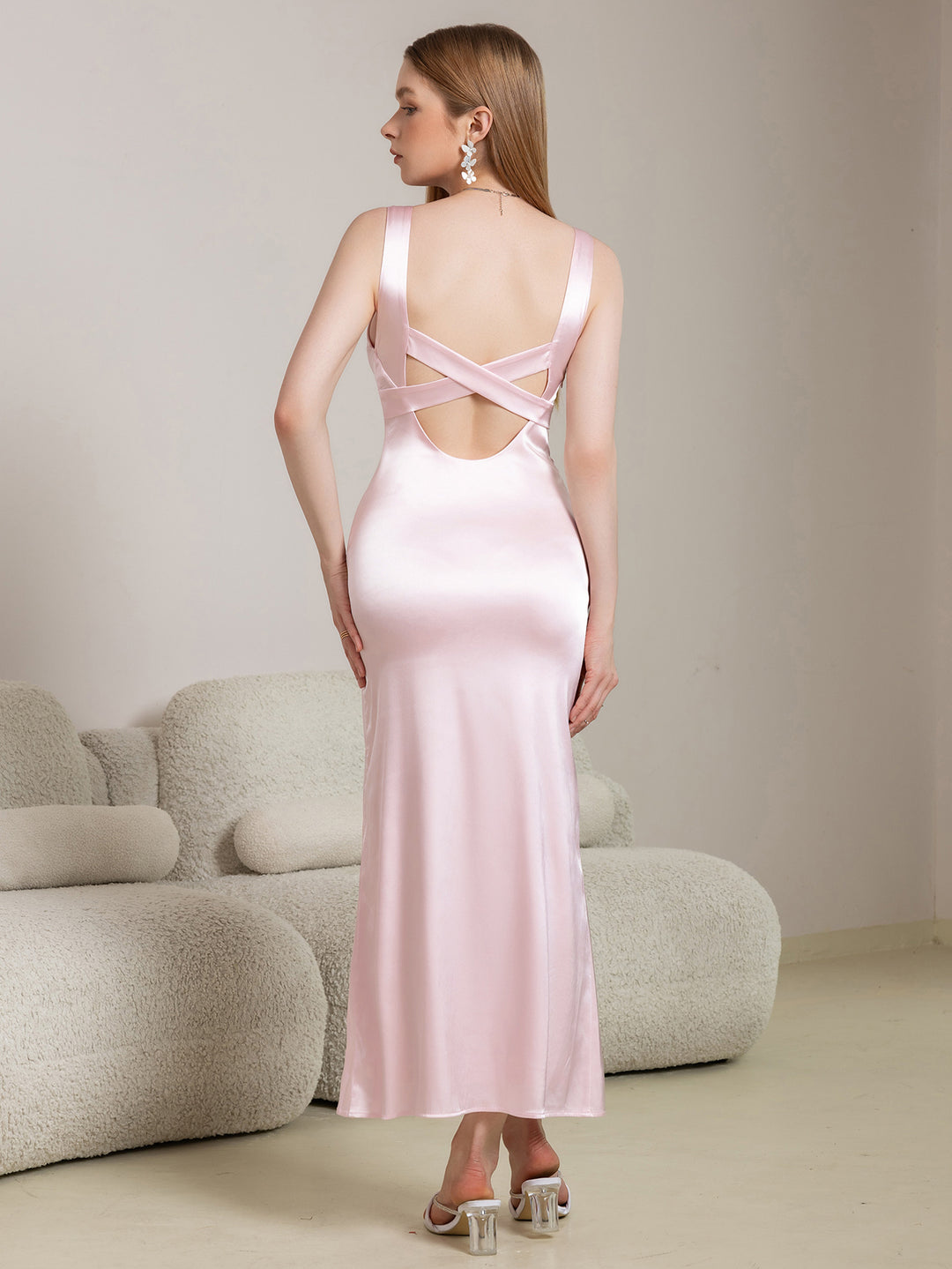Crisscross Back Square Neck Satin Long Dress Parthea Fashion Crisscross Back Square Neck Satin Long Dress Parthea Fashion