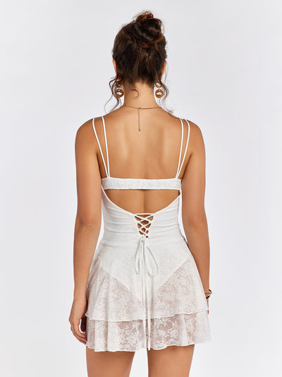 tie back crisscross corset lace mini dress#color_white