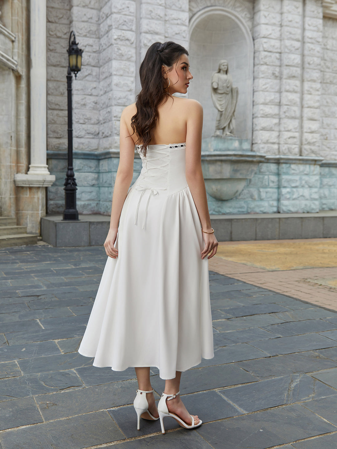 Crisscross Tie Back Lace Spliced Tie Front Tube Dress, White / XS Crisscross Tie Back Lace Spliced Tie Front Tube Dress, White / XS