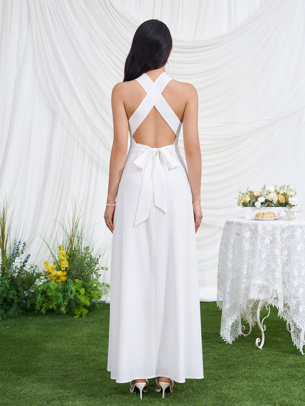 Crisscross Tie Back Pocket Maxi Dress, White / XS