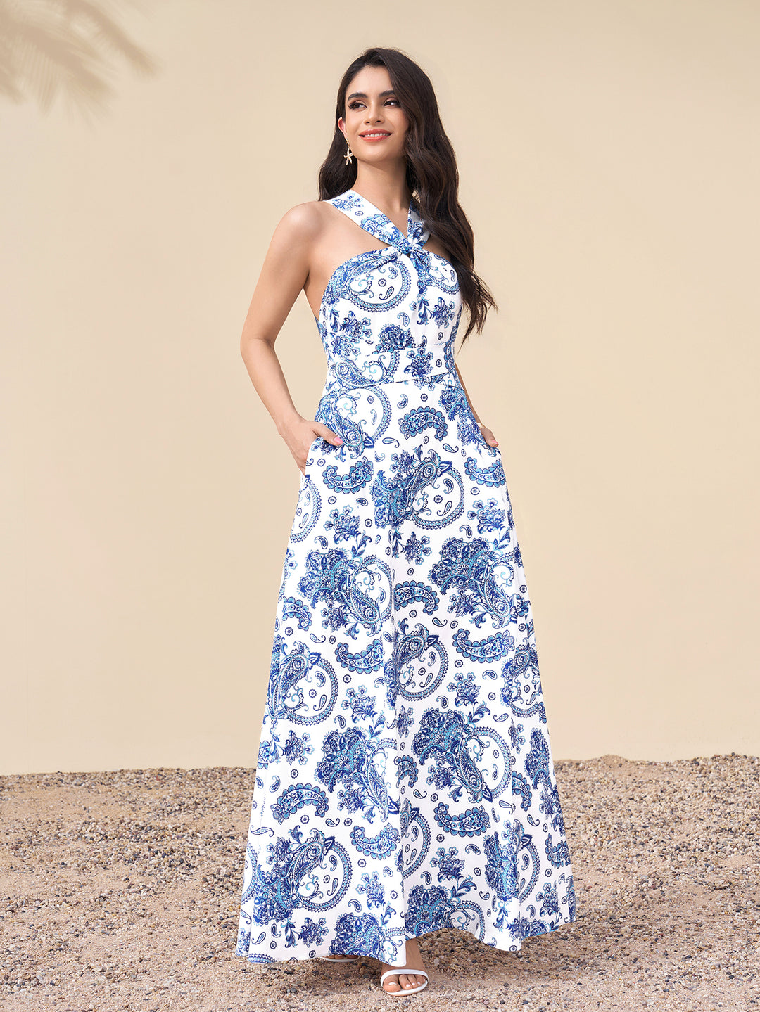 Back Tie Crisscross Pocket Maxi Dress