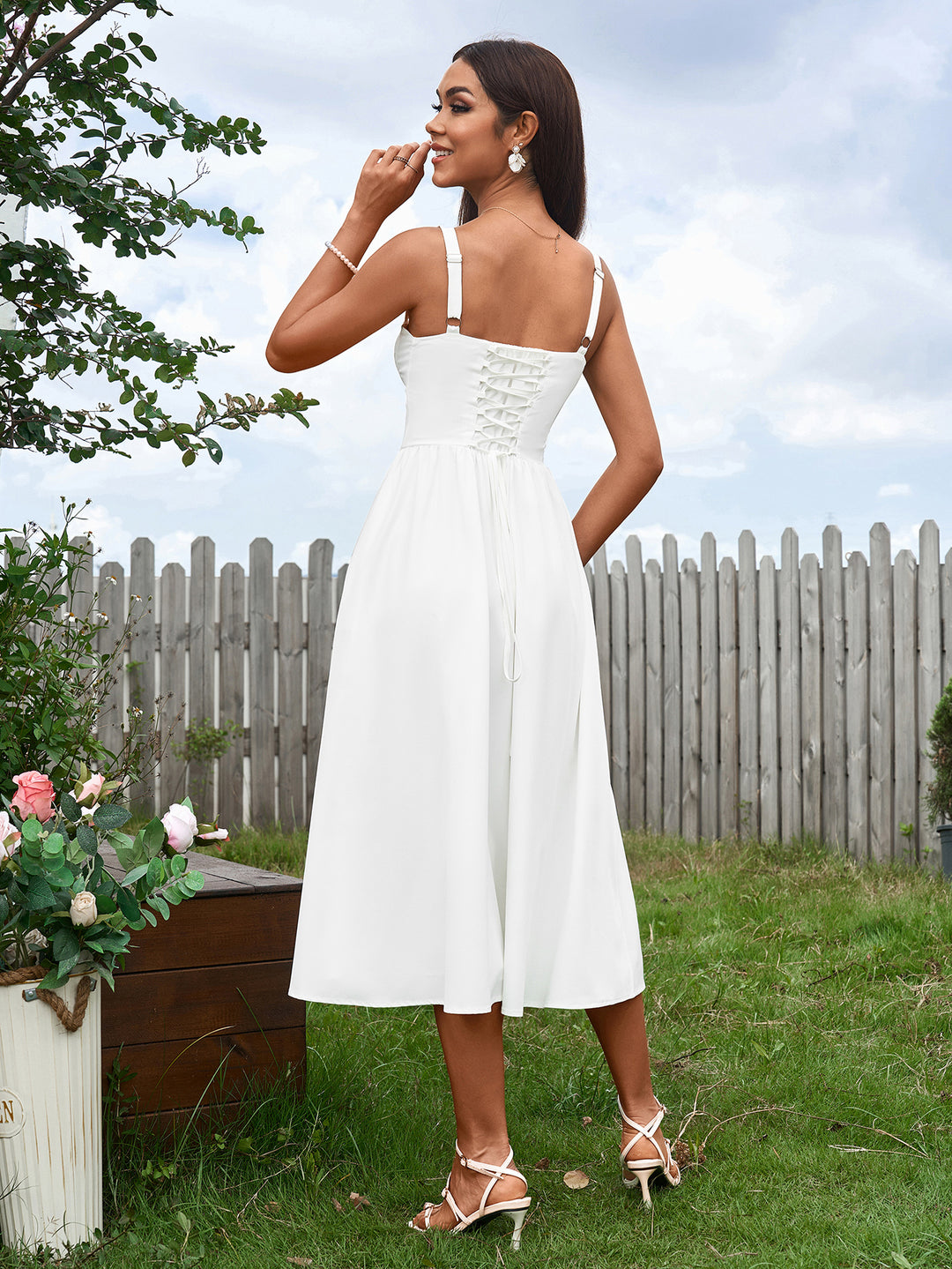 Crisscross Tie Back Ruched Corset Split Dress, White / Xs Crisscross Tie Back Ruched Corset Split Dress, White / Xs