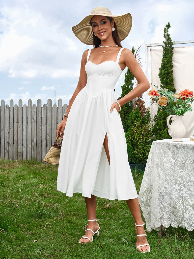 Crisscross Tie Back Ruched Corset Split Dress, White / XS