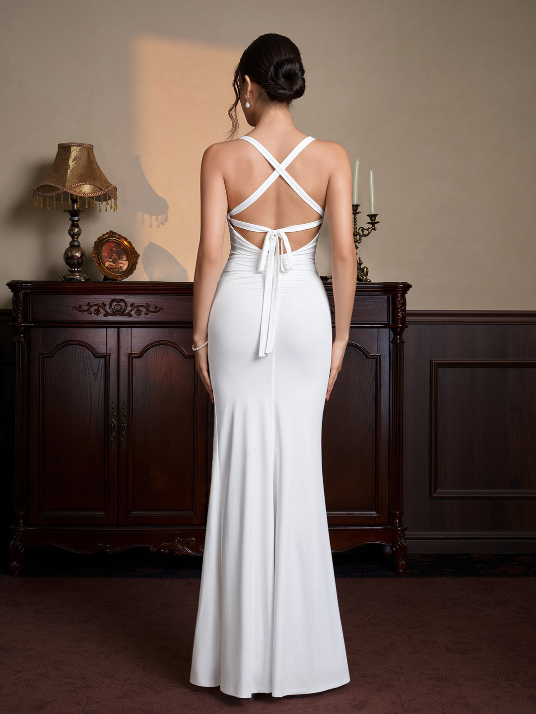 Crisscross Back Tie Ruched Split Maxi Dress