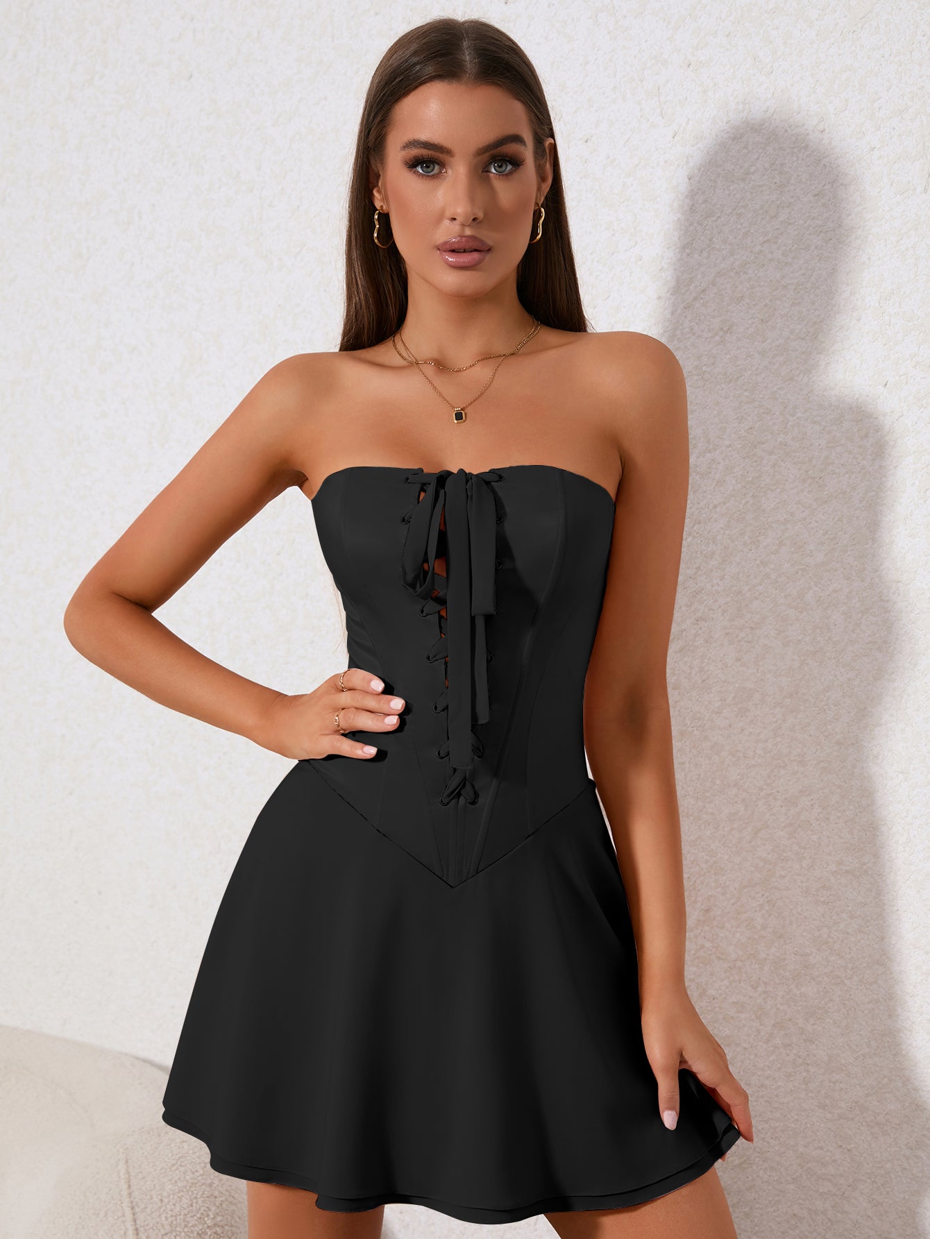 crisscross tie front corset tube mini dress#color_black