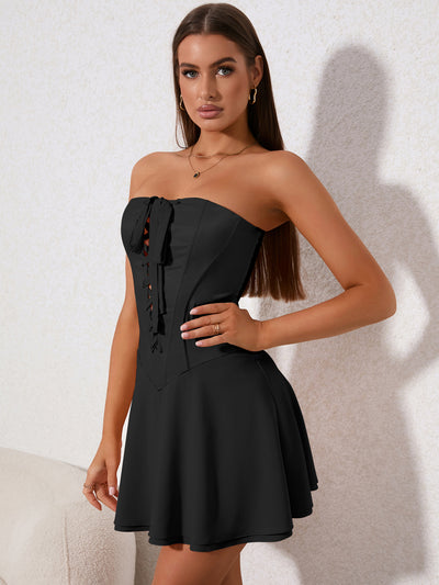 crisscross corset tie front tube mini dress#color_black