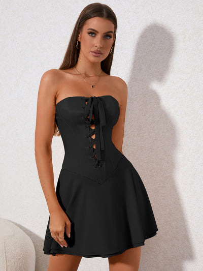 corset crisscross tie front tube mini dress#color_black