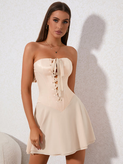 corset crisscross tie front tube mini dress#color_beige