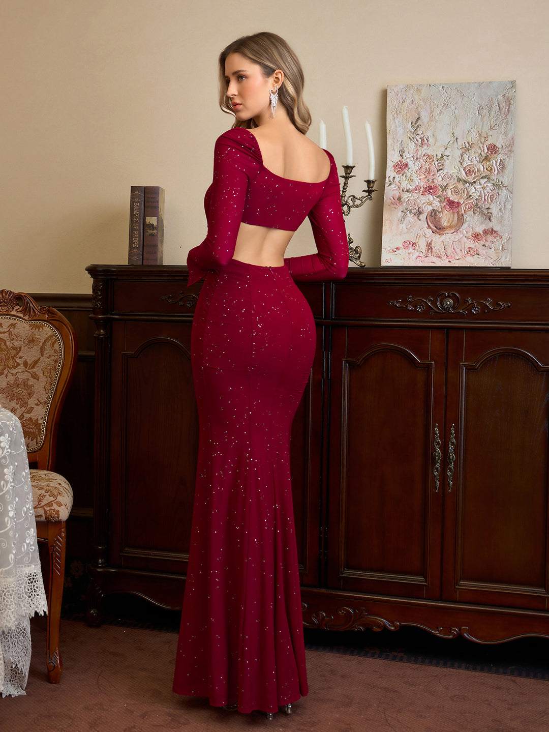 Cut Out Split Thigh Backless Mermaid Hem Glitter Dress#color_wine