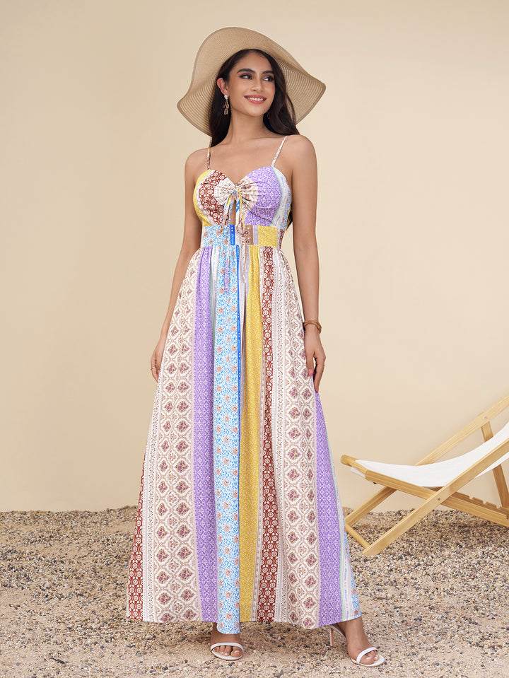 Ruched Bow Tie Front Cut Out Floral Print Dress