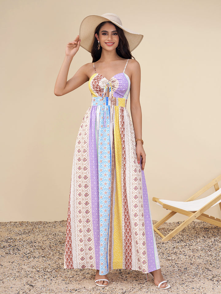 Ruched Cut Out Bow Tie Front Floral Print Dress